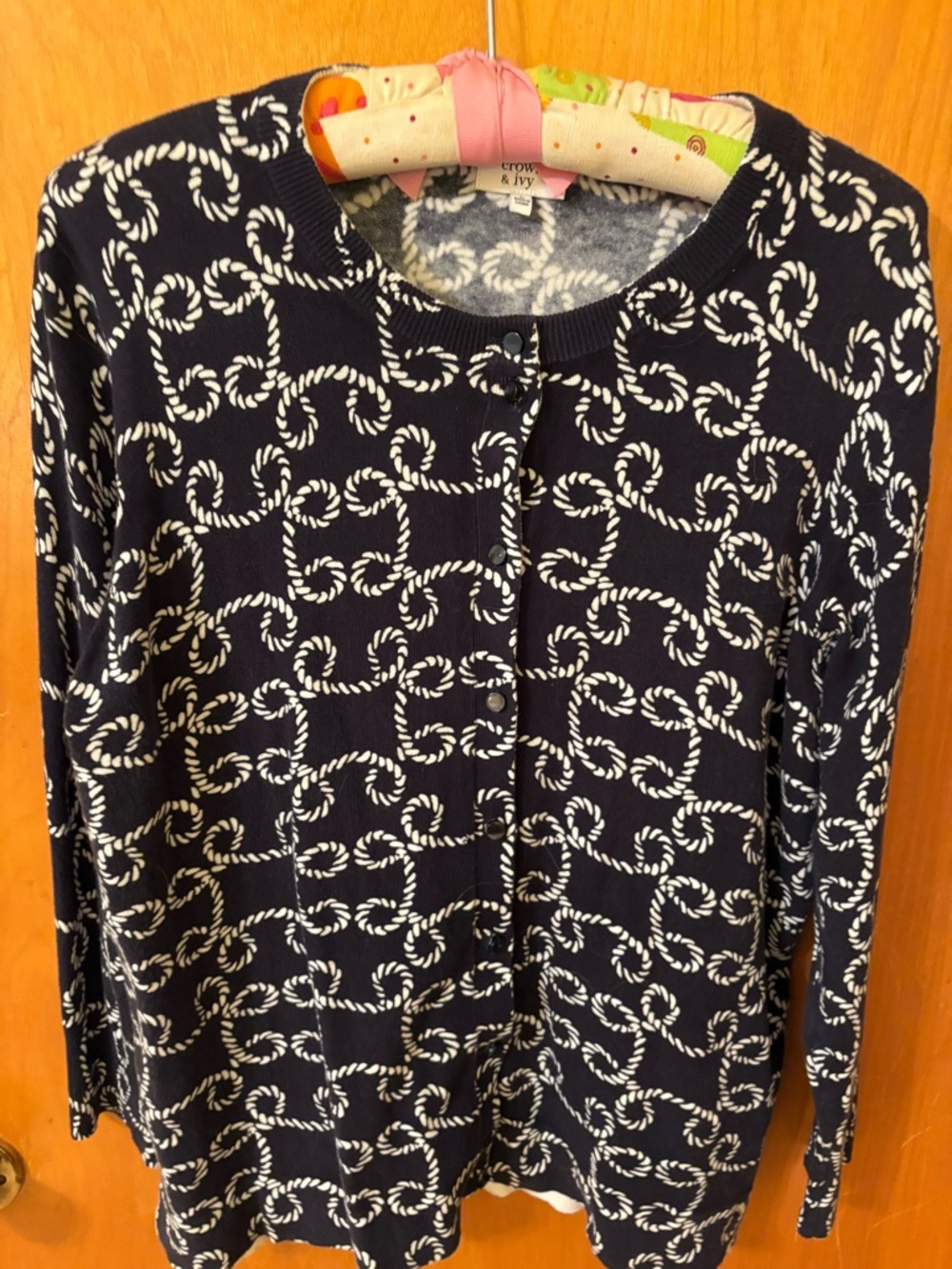 crown & ivy Navy and White nautical Rope-Print Cardigan Sweater